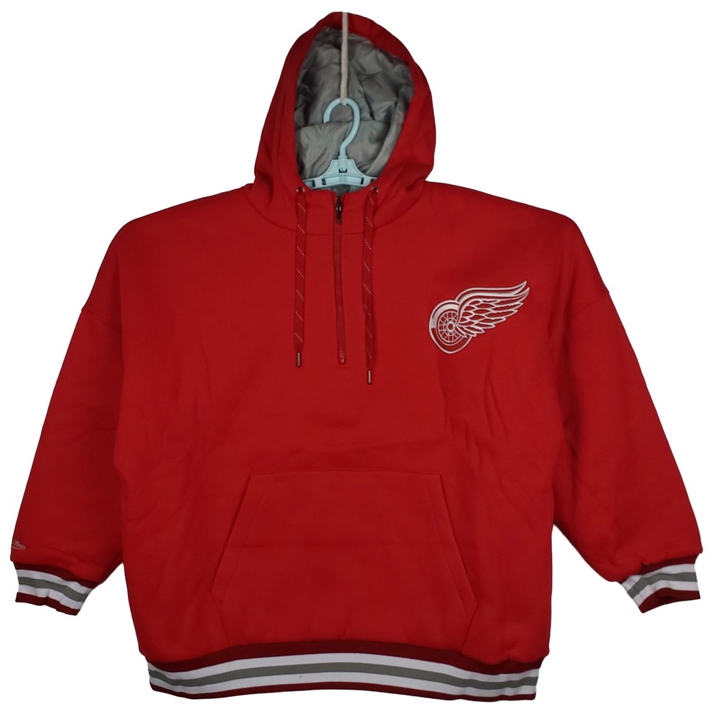 Detroit Red Wings Mitchell & Ness NHL Large Lined Hoodie Embroidery Logo Red New